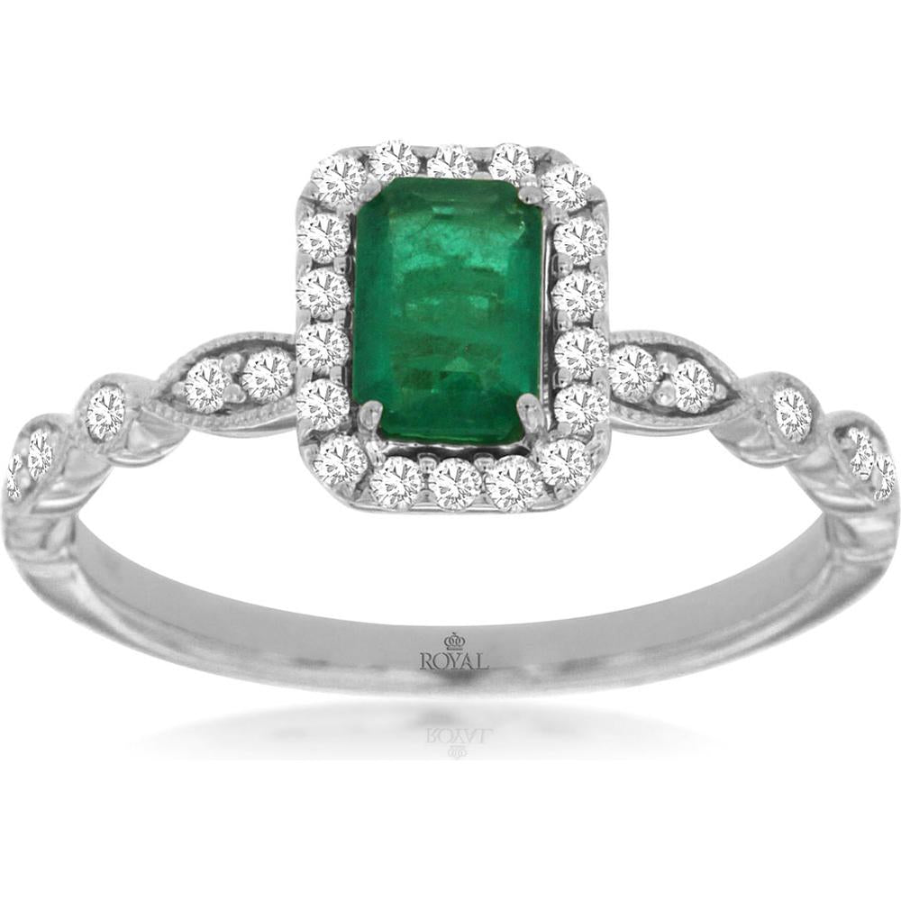Royal 14K White Gold Emerald & Diamond Halo Ring with 0.55 Carats Emerald & 0.26 Carats Diamonds