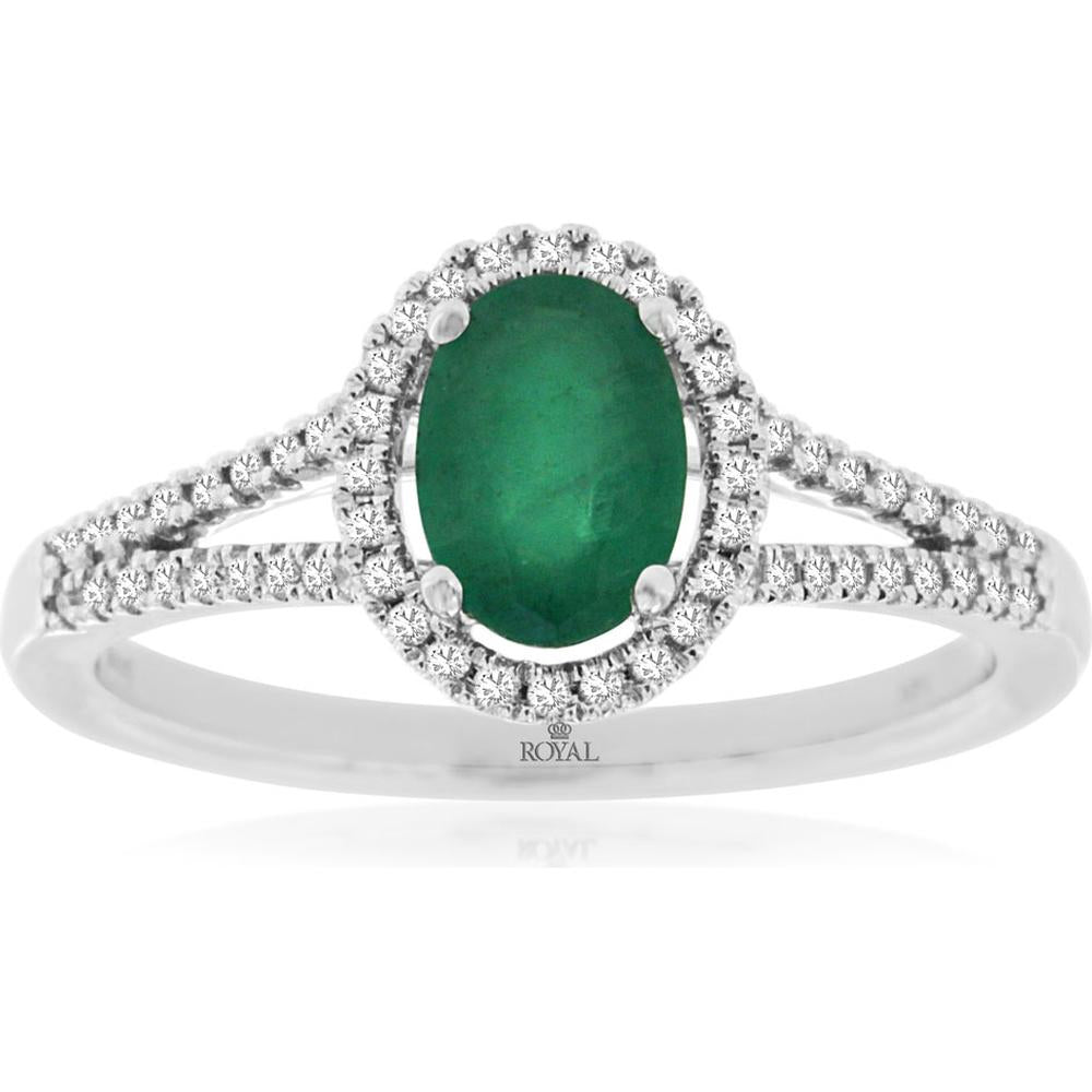 Royal 14K White Gold Emerald & Diamond Halo Ring with Milgrain Detail - 0.75 Carats Emerald, 0.20 Carats Diamond Total Weight