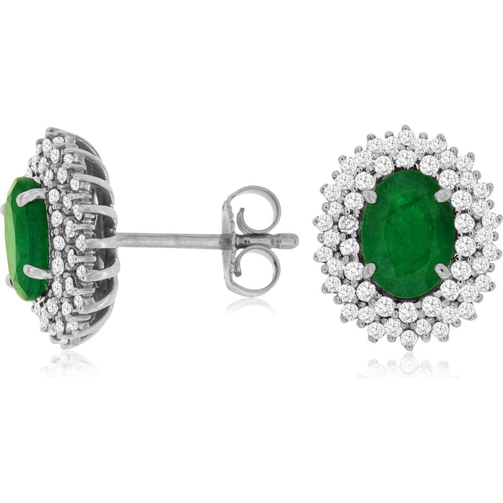 Royal 14K White Gold Emerald and Diamond Halo Stud Earrings - 0.50 Carat Total Diamond Weight, 1.40 Carat Total Emerald Weight