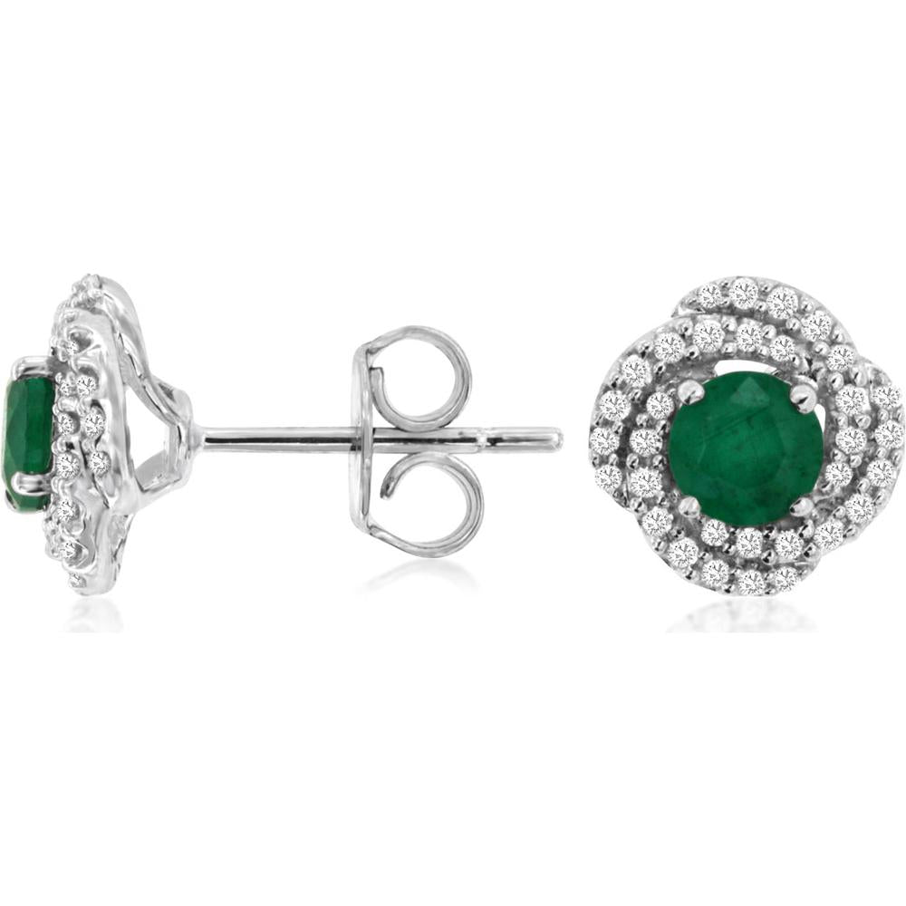 Royal 14K White Gold Emerald & Diamond Halo Stud Earrings - 1.02 Carats Total Gem Weight