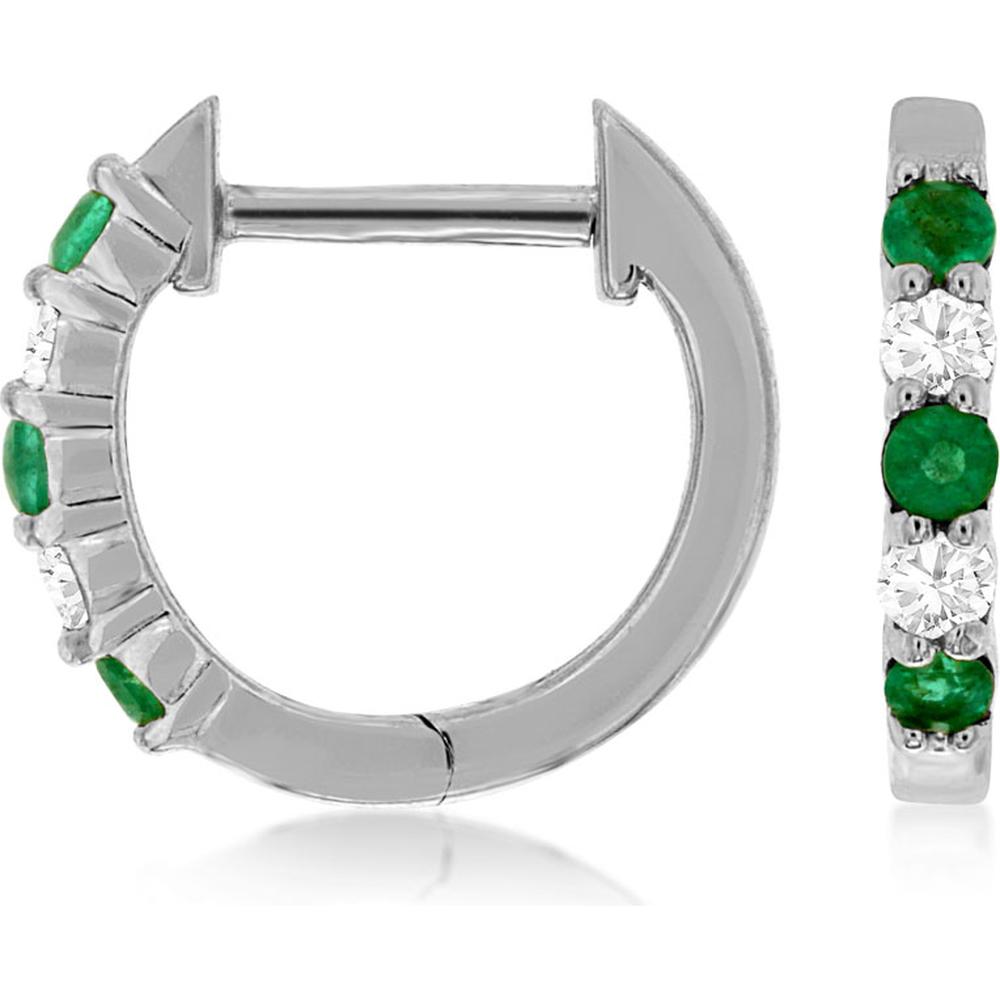 Royal 14K White Gold Emerald & Diamond Huggie Hoops - 0.15 Carats Total Emerald Weight, 0.10 Carats Total Diamond Weight