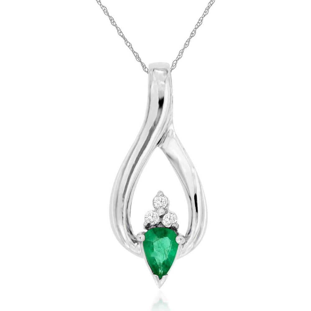 Royal 14K White Gold Emerald and Diamond Pear Pendant - 0.50 Carat Emerald, 0.06 Carat Diamond Total