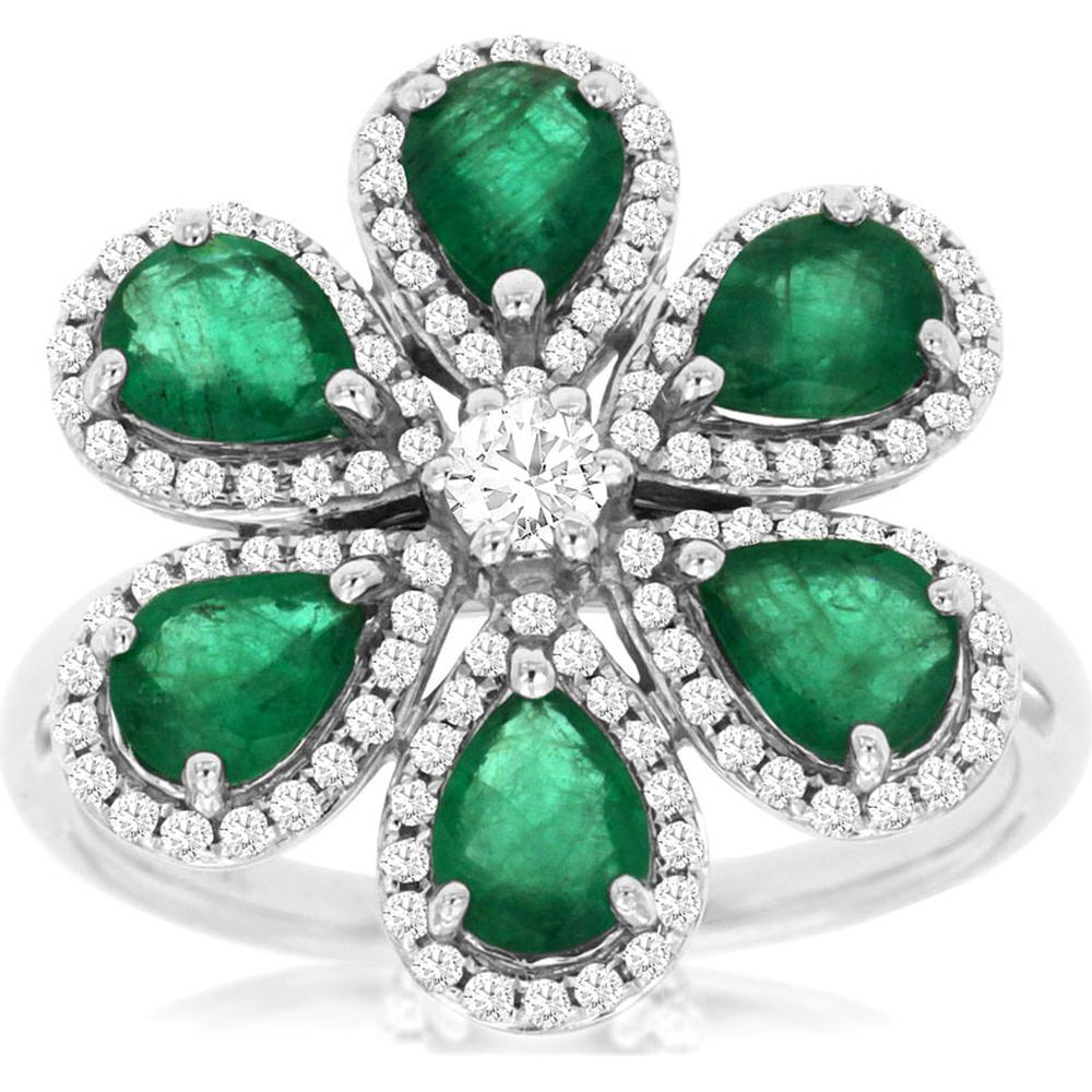 Royal 14K White Gold Emerald and Diamond Pear Ring - 1.50 Carat Emerald, 0.40 Carat Diamonds