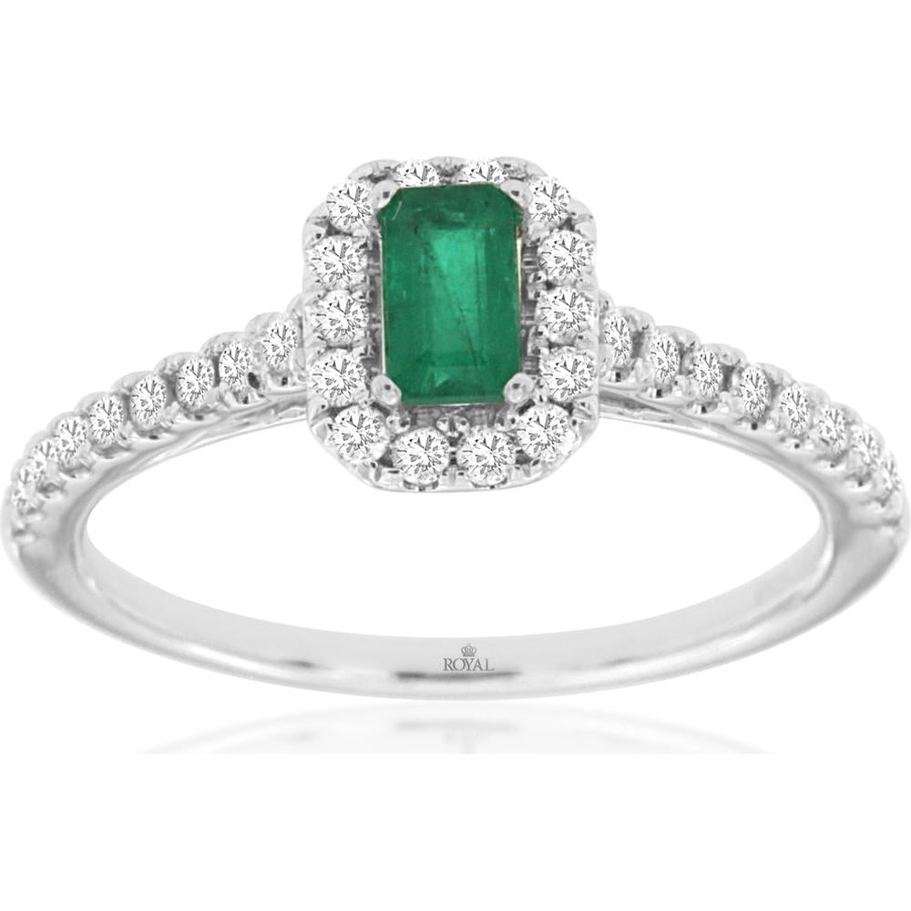 Royal 14K White Gold Emerald & Diamond Ring - 0.28 Carat Emerald, 0.30 Carat Total Diamond Weight
