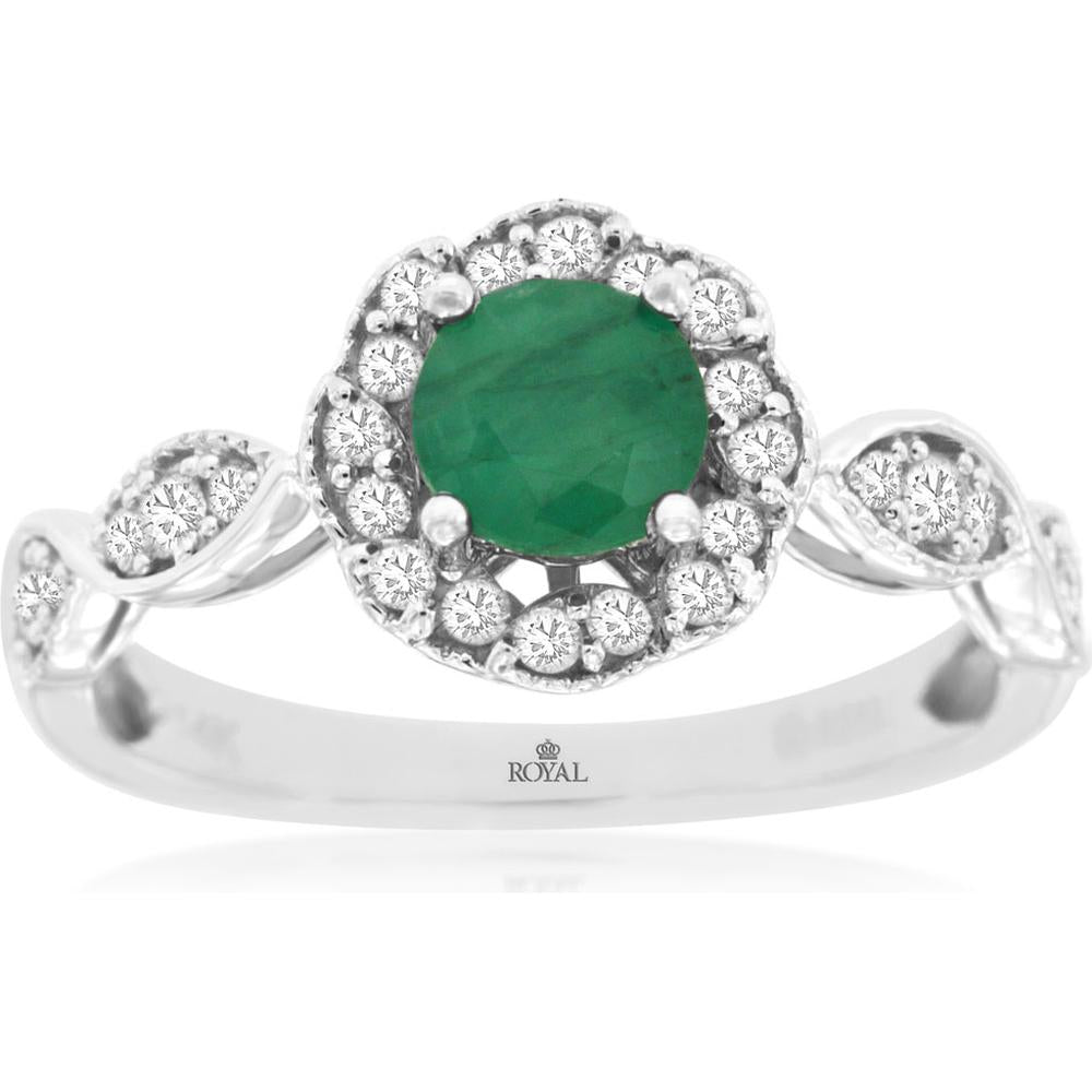 Royal 14K White Gold Emerald and Diamond Ring - 0.60 Carat Emerald, 0.27 Carat Diamond Total Weight