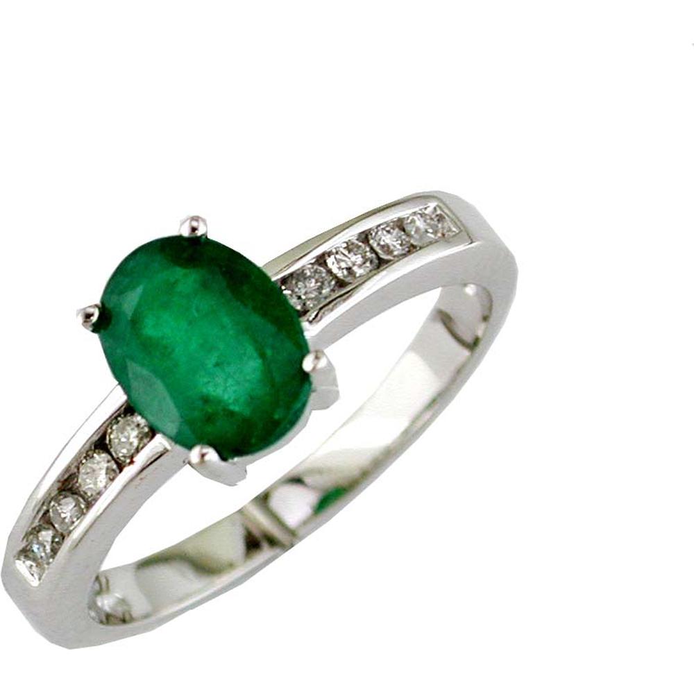 Royal 14K White Gold Emerald & Diamond Ring - 0.80 Carat Oval Emerald - 0.18 Carat Round Diamond Total Weight