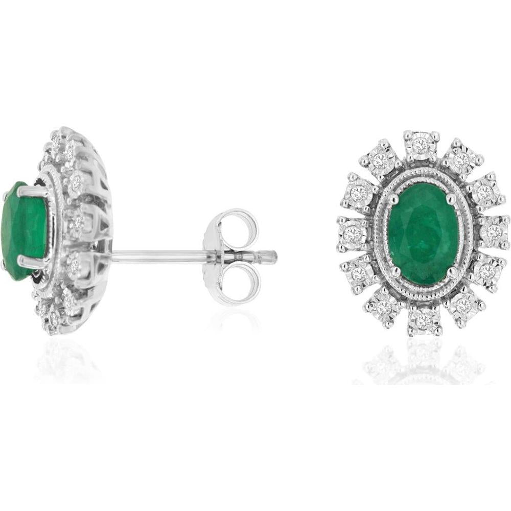 Royal 14K White Gold Emerald & Diamond Stud Earrings - 0.88 Carats Total Emerald Weight, 0.20 Carats Total Diamond Weight