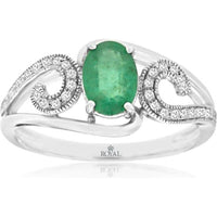 Royal 14K White Gold Emerald & Diamond Swirl Ring with Oval Emerald - 0.70 Carats Emerald Weight, 0.09 Carats Total Diamond Weight