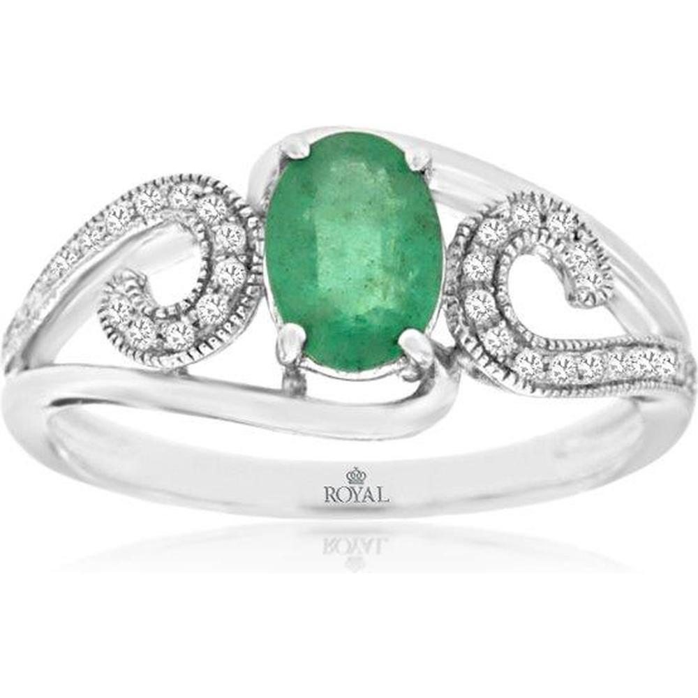 Royal 14K White Gold Emerald & Diamond Swirl Ring with Oval Emerald - 0.70 Carats Emerald Weight, 0.09 Carats Total Diamond Weight