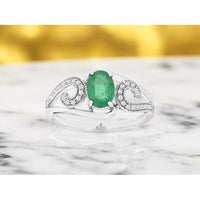 Royal 14K White Gold Emerald & Diamond Swirl Ring with Oval Emerald - 0.70 Carats Emerald Weight, 0.09 Carats Total Diamond Weight