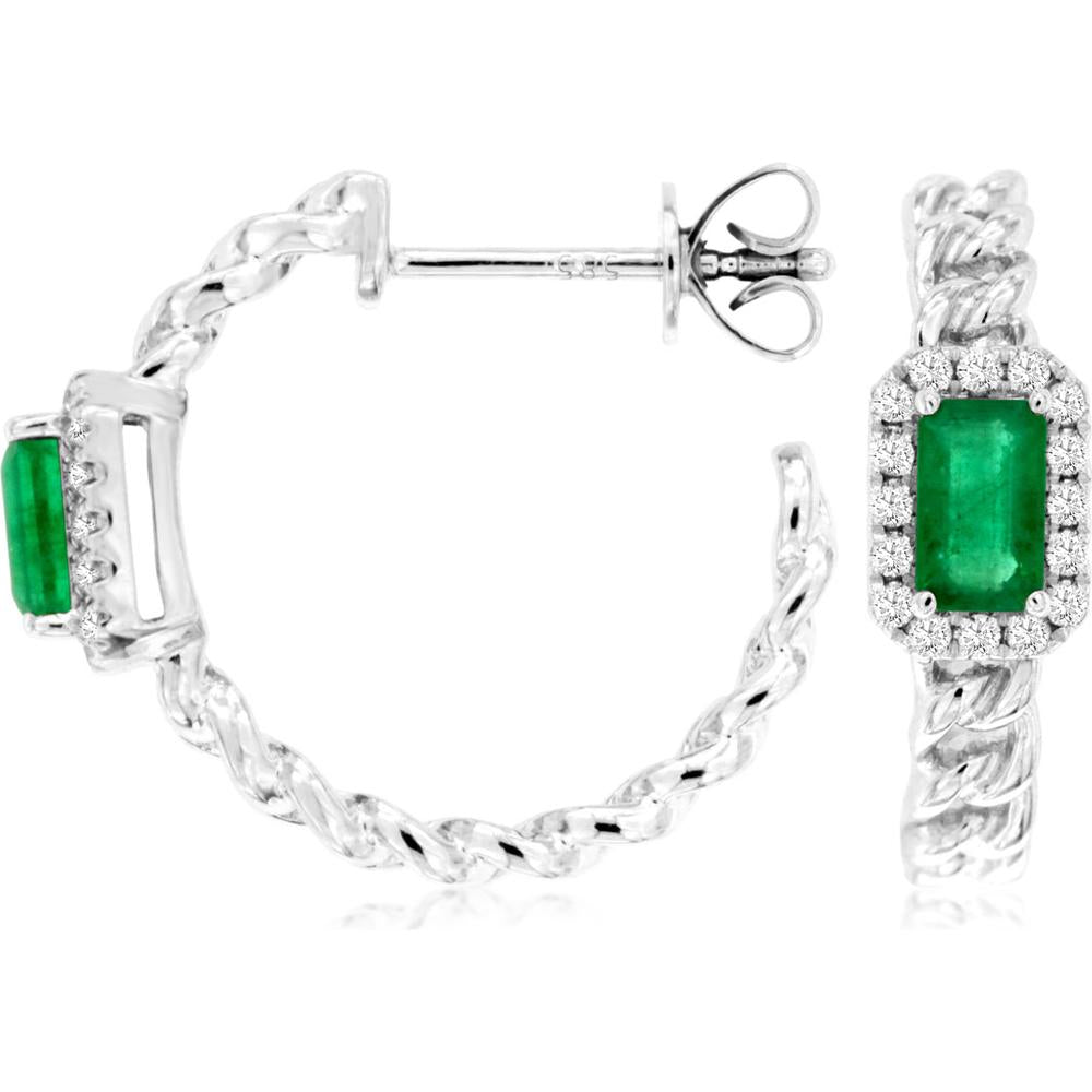 Royal 14K White Gold Emerald & Diamond Twisted Hoop Earrings - 0.28 Carats Total Emerald Weight, 1.12 Carats Total Diamond Weight