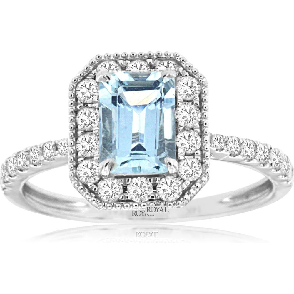 Royal 14K White Gold Emerald Cut Aquamarine and Diamond Halo Ring - 0.87 Carat Aquamarine & 0.50 Carat Diamond Total Weight
