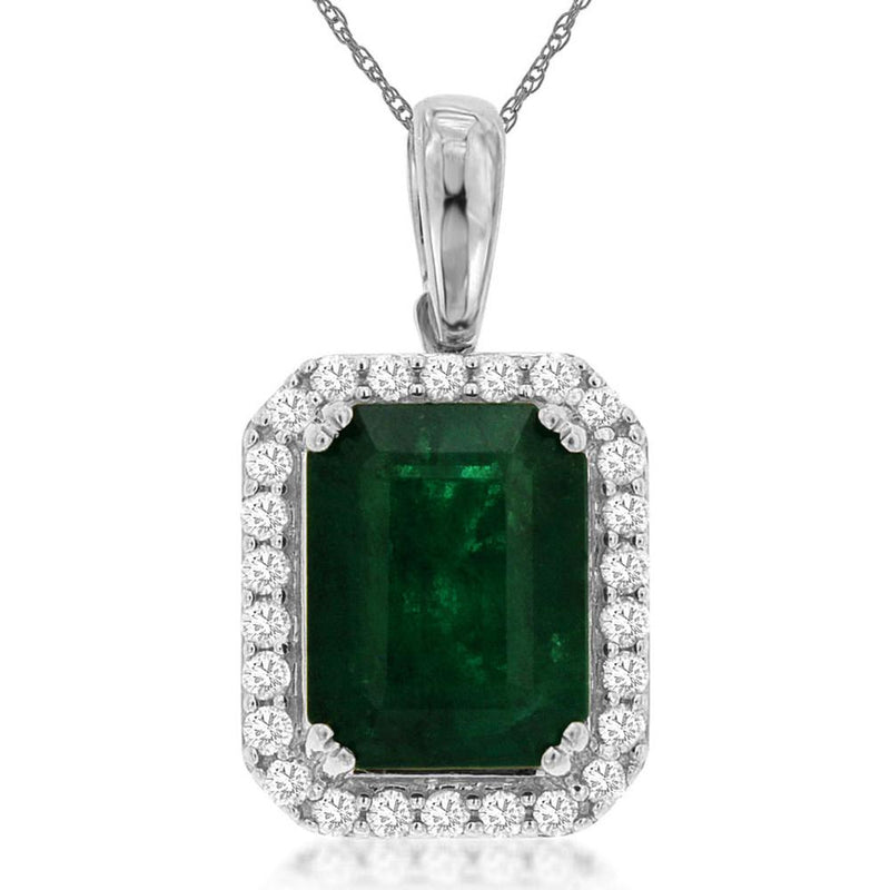 Royal 14K White Gold Emerald Cut Emerald and Diamond Halo Pendant - 2.15 Carat Emerald, 0.20 Carat Total Diamond Weight