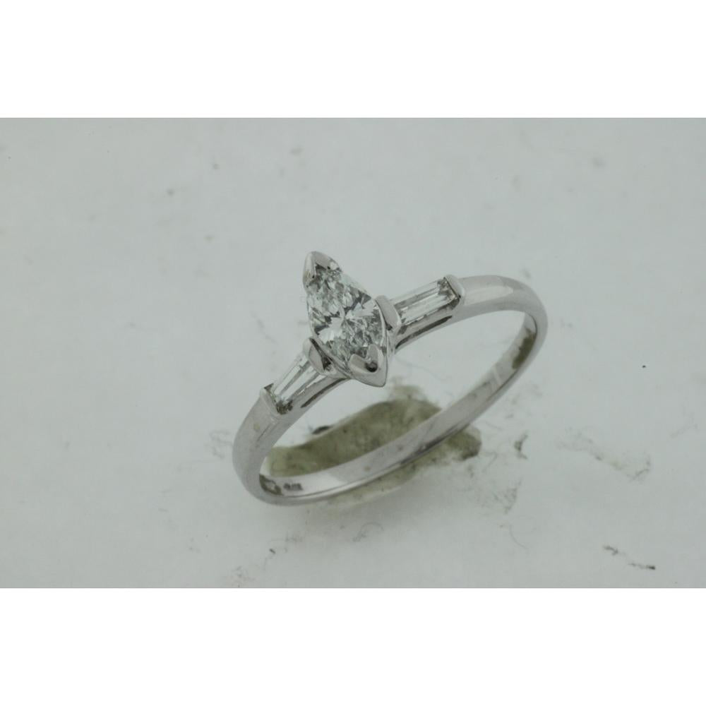 Royal 14K White Gold Engagement Ring with 0.38 Carats Marquise-Cut Diamond and Baguette Accents - 0.52 Carats Total Diamond Weight