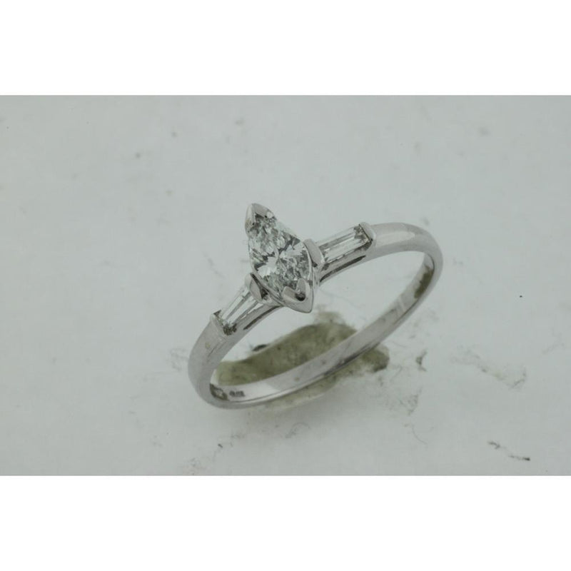 Royal 14K White Gold Engagement Ring with 0.38 Carats Marquise-Cut Diamond and Baguette Accents - 0.52 Carats Total Diamond Weight