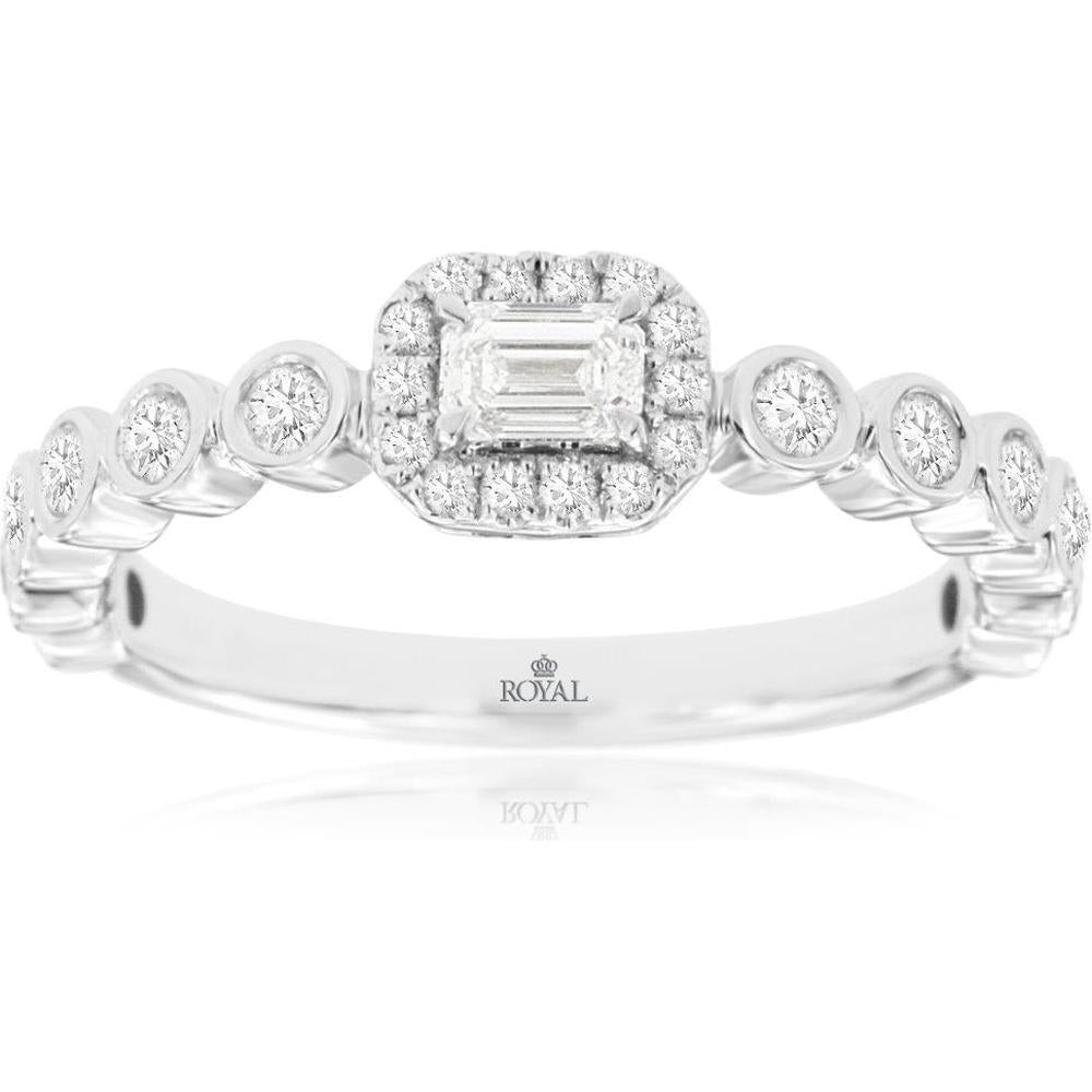 Royal 14K White Gold Engagement Ring with Emerald-Cut Diamond and Round Diamond Halo - 0.60 Carat Total Diamond Weight