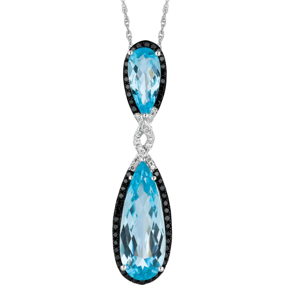 Royal 14K White Gold Exquisite Diamond, Black Diamond & Blue Topaz Pear Pendant