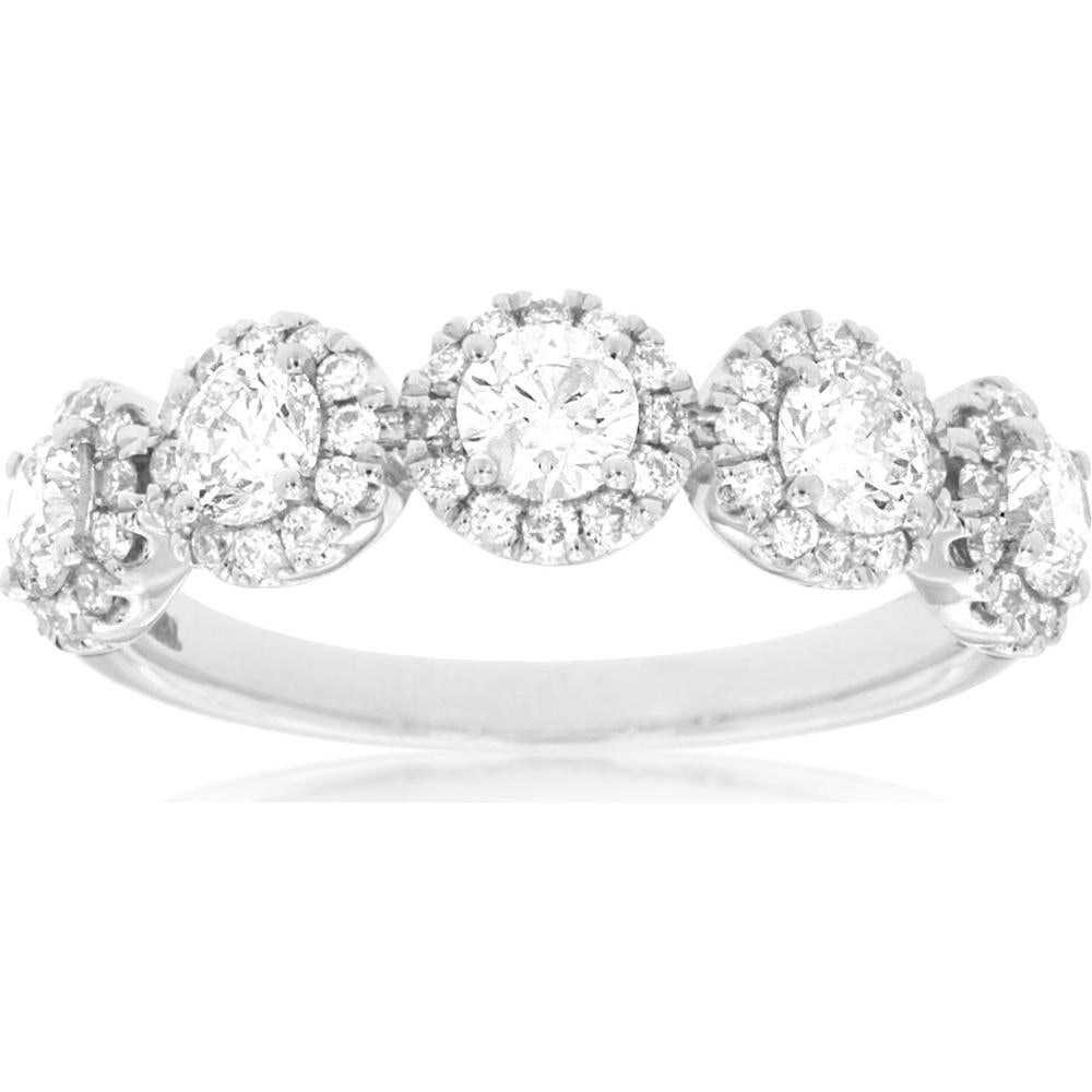 Royal 14K White Gold Five-Stone Halo Diamond Ring - 1.28 Carats Total Diamond Weight