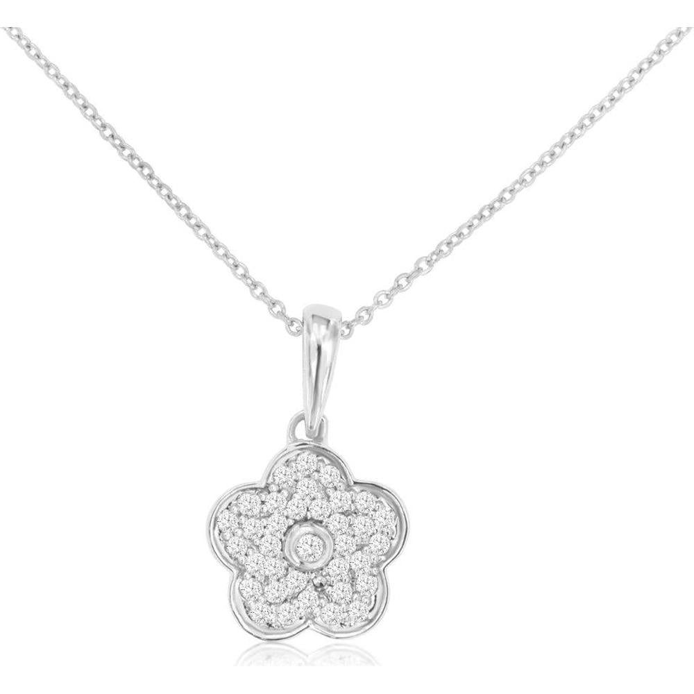Royal 14K White Gold Floral Diamond Pendant Necklace - 0.14 Carat Total Diamond Weight