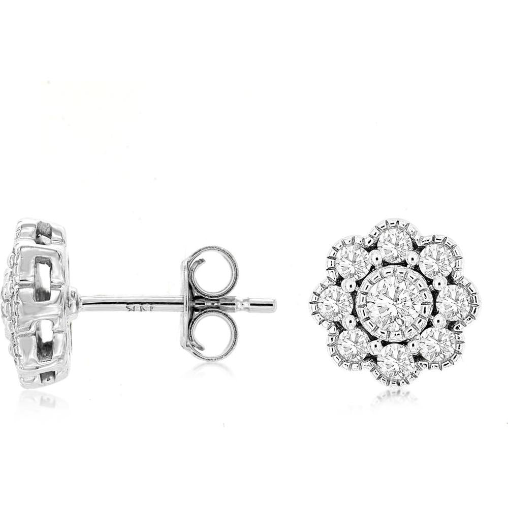 Royal 14K White Gold Floral Diamond Stud Earrings - 1.0 Carats Total Diamond Weight
