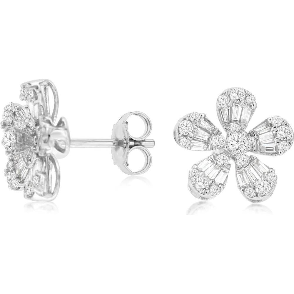 Royal 14K White Gold Floral Diamond Stud Earrings with Round and Baguette Diamonds - 0.55 Carat Total Diamond Weight