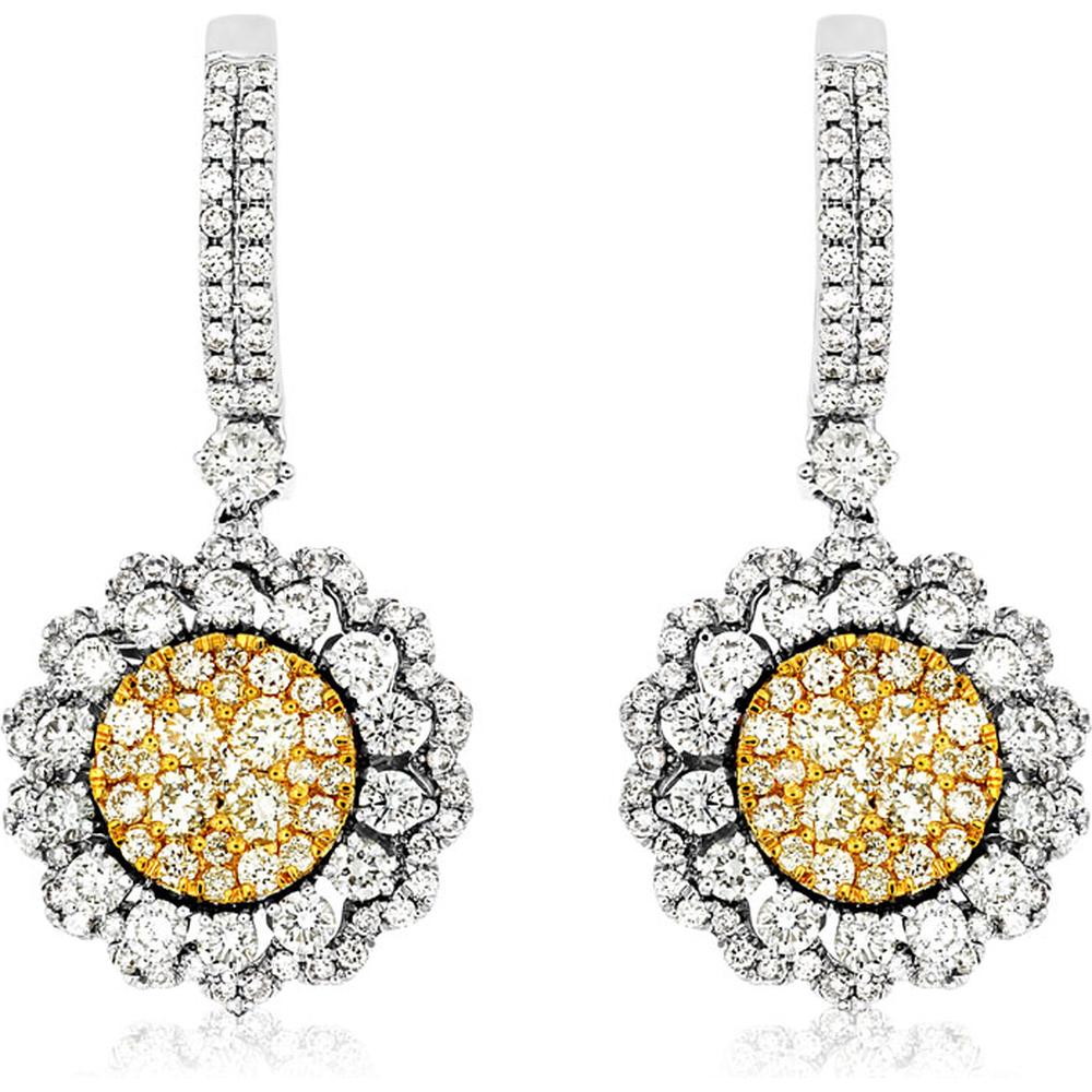 Royal 14K White Gold Floral Earrings with 1.75 Carats Total Diamond Weight including 0.84 Carats Yellow Diamonds