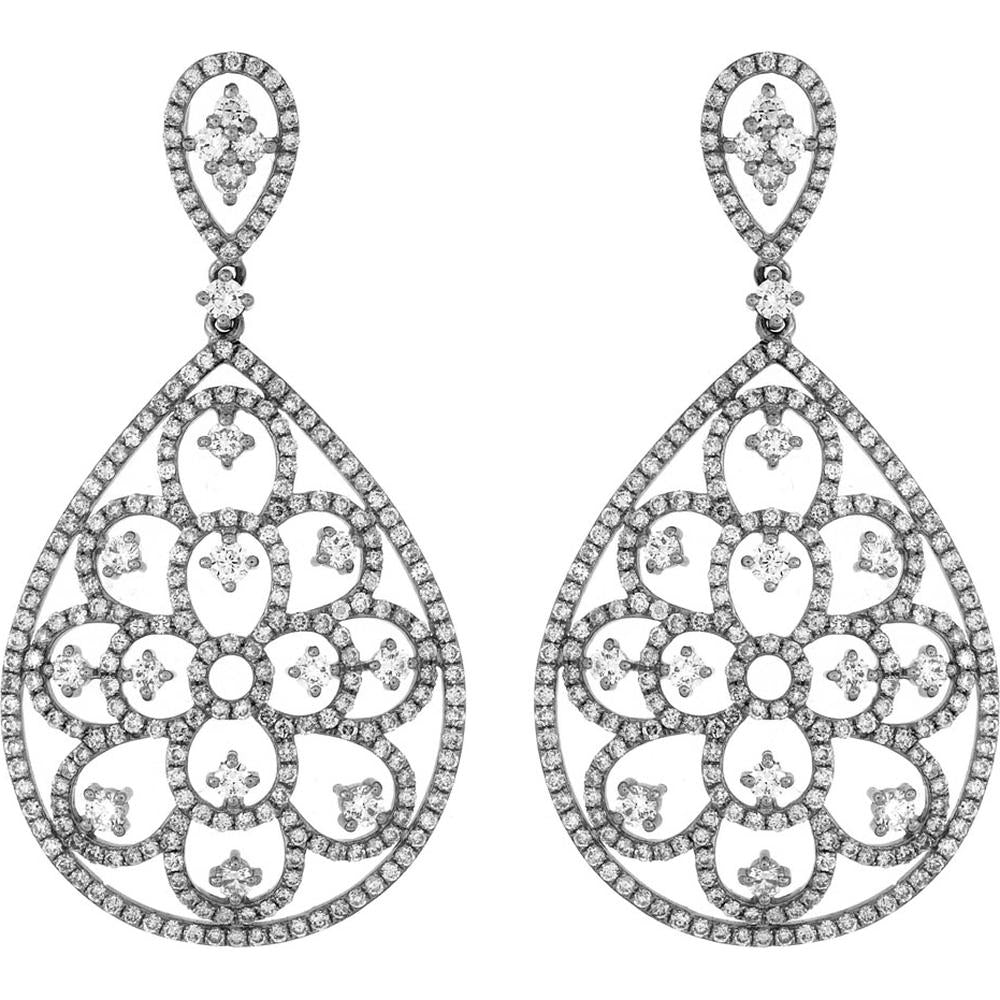 Royal 14K White Gold Floral Motif Pear-Shaped Diamond Drop Earrings - 2.75 Carat Total Diamond Weight