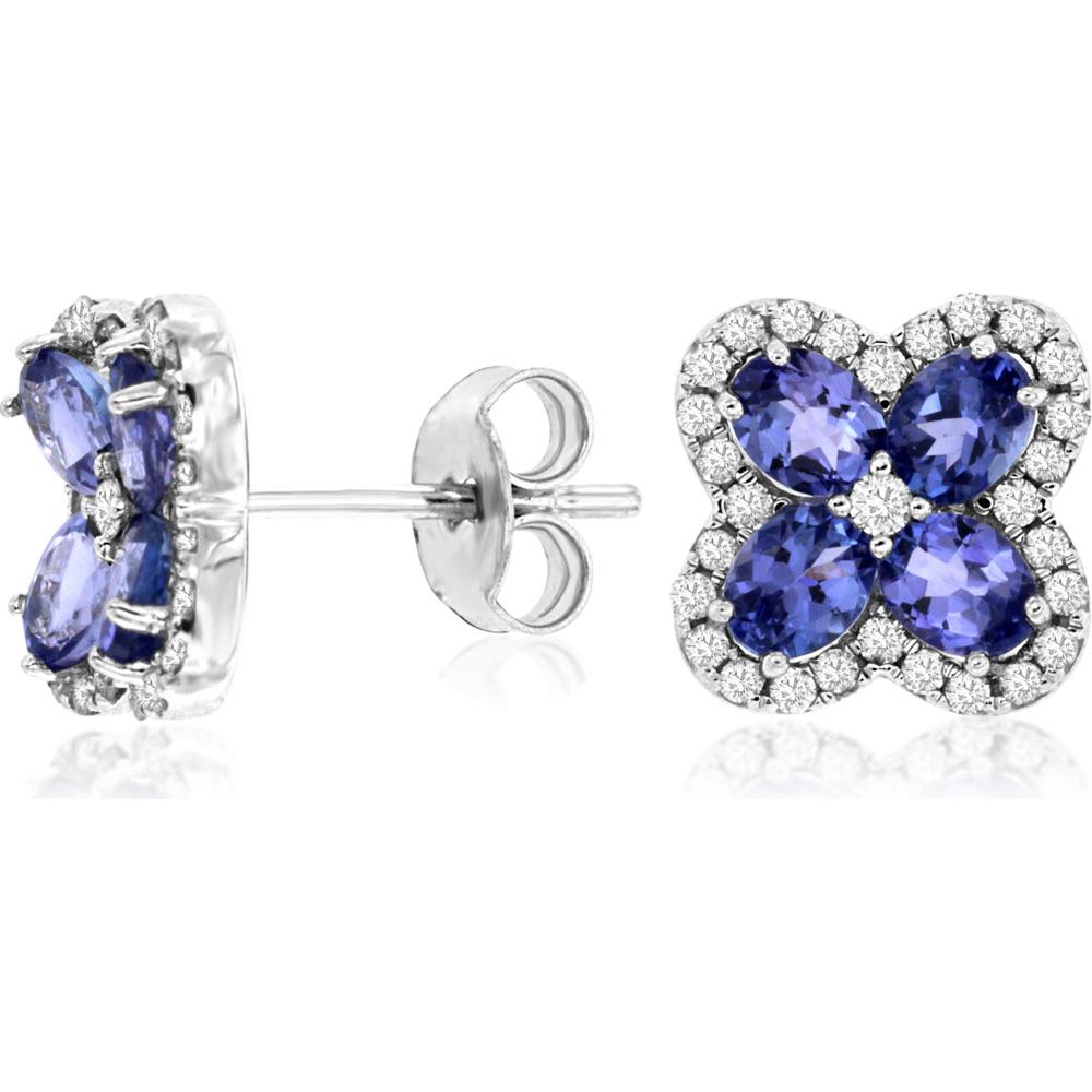 Royal 14K White Gold Floral Stud Earrings with Oval Tanzanites and Halo of Round Diamonds - 1.30 Carats Tanzanite, 0.35 Carats Diamond Total Weight