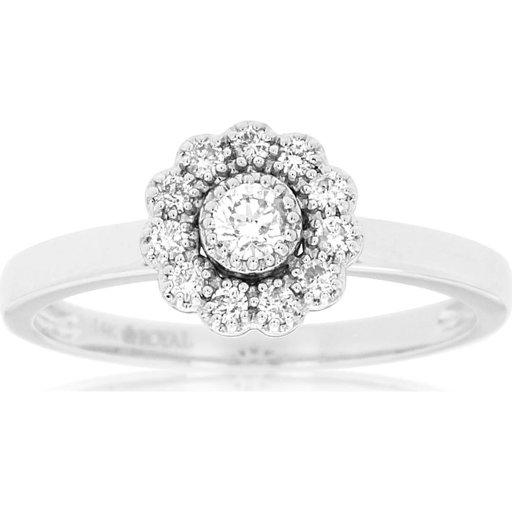 Royal 14K White Gold Flower Cluster Ring with Round Diamond Center and Halo - 0.26 Carat Total Diamond Weight
