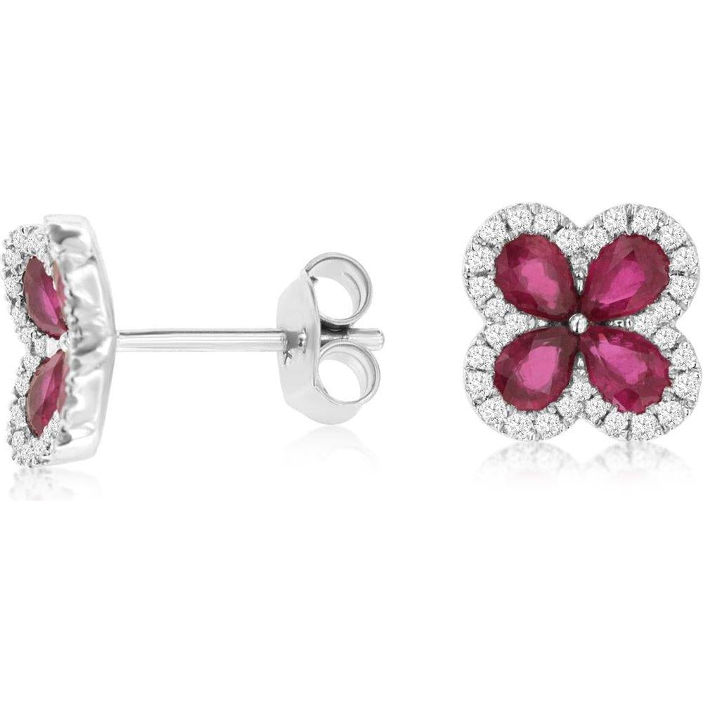 Royal 14K White Gold Flower Motif Stud Earrings with Pear-Shaped Rubies and Diamond Halo - 1.70 Carat Total Ruby Weight and 0.21 Carat Total Diamond Weight