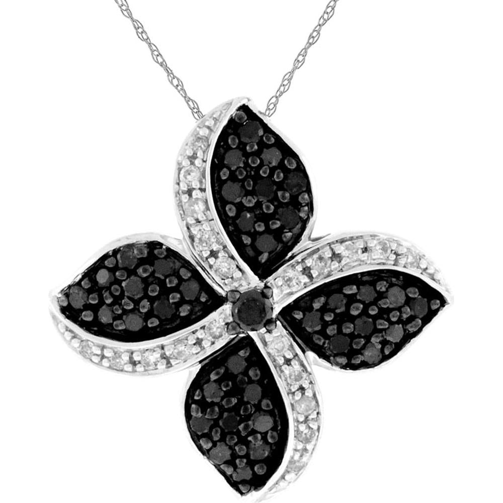 Royal 14K White Gold Flower Pendant with Diamond and Black Diamond Accents