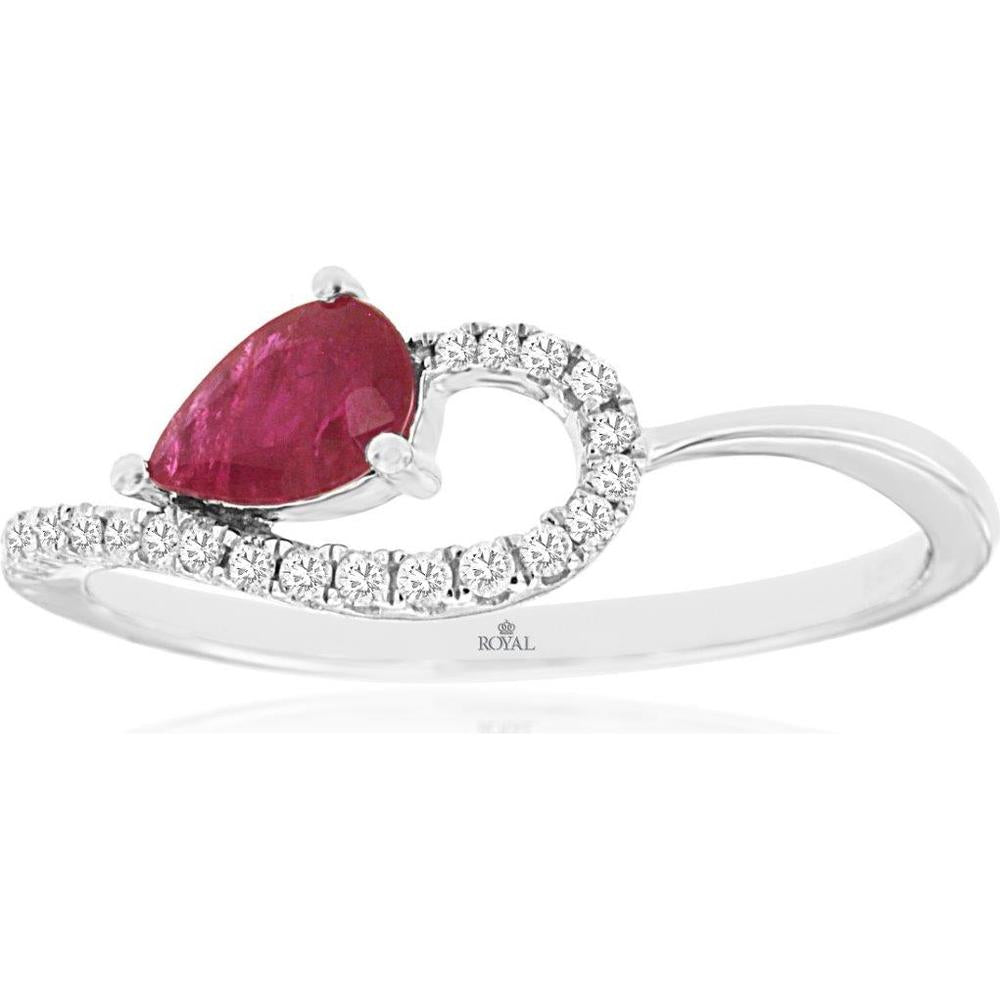 Royal 14K White Gold Free Form Ring with 0.50 Carat Pear-Shaped Ruby and Diamond Halo - 0.12 Carat Total Diamond Weight