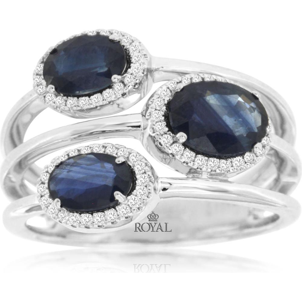Royal 14K White Gold Free Form Ring with 2.30 Carat Oval Sapphires and 0.20 Carat Diamond Halos