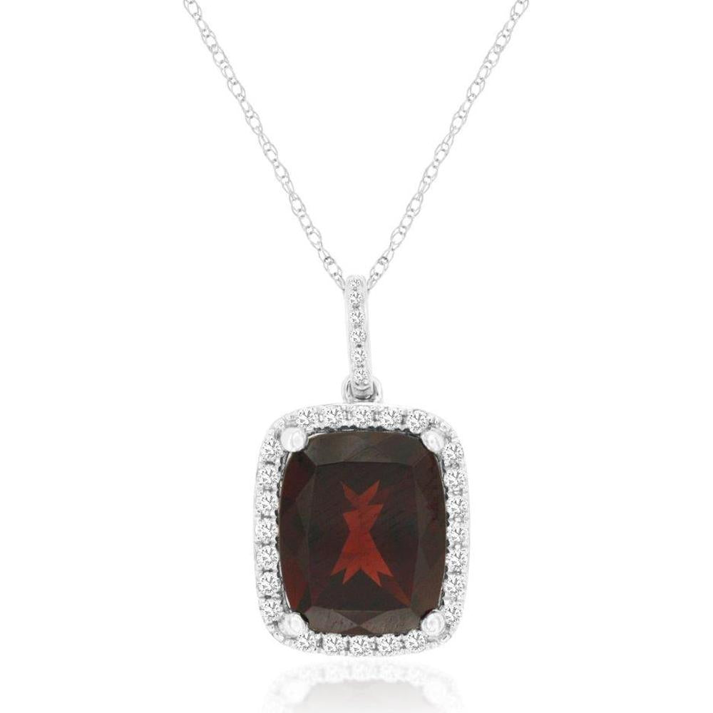 Royal 14K White Gold Garnet and Diamond Halo Pendant Necklace - 4.75 Carat Garnet, 0.22 Carat Total Diamond Weight