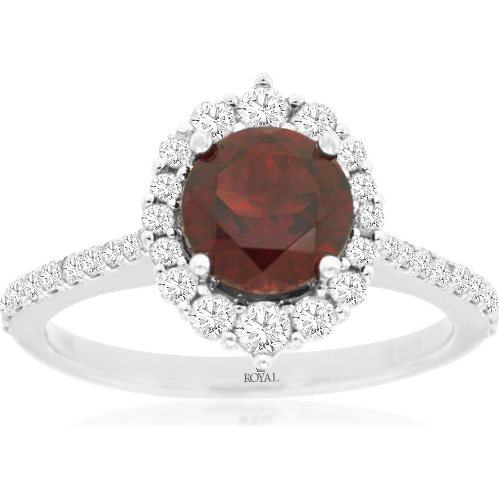 Royal 14K White Gold Garnet & Diamond Halo Ring - 1.5 Carats Garnet, 0.49 Carats Total Diamond Weight