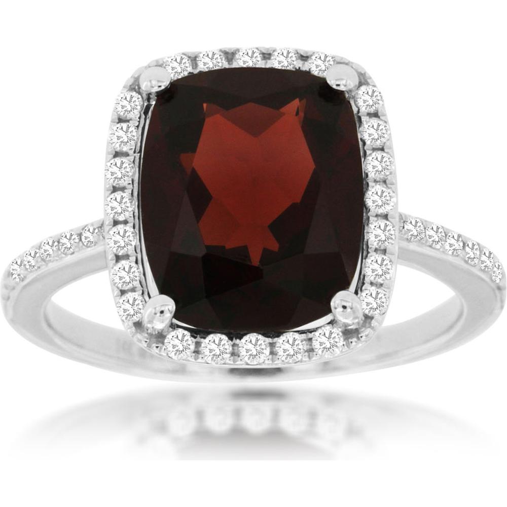 Royal 14K White Gold Garnet and Diamond Halo Ring - 4.70 Carats Garnet, 0.30 Carats Total Diamond Weight