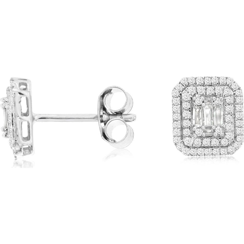 Royal 14K White Gold Halo Diamond Earrings with Milgrain Detail and Baguette Diamonds - 0.40 Carats Total Diamond Weight
