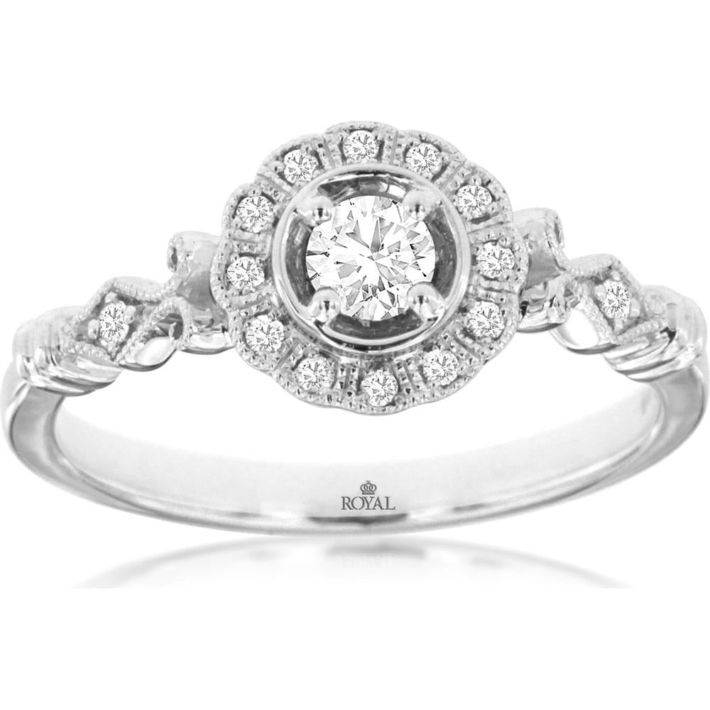 Royal 14K White Gold Halo Diamond Engagement Ring with Milgrain Detail - 0.25 Carats Total Diamond Weight