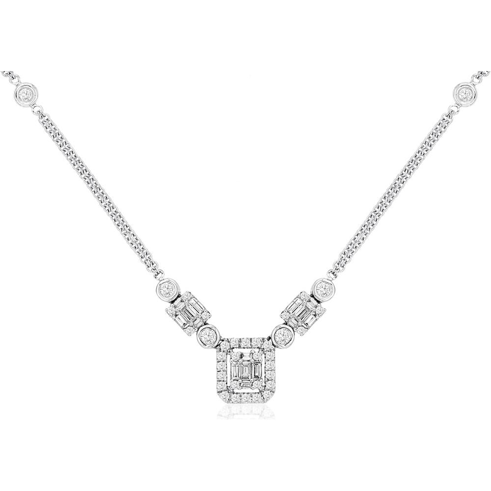 Royal 14K White Gold Halo Diamond Necklace with Baguette and Round Diamonds - 0.95 Carats Total Diamond Weight