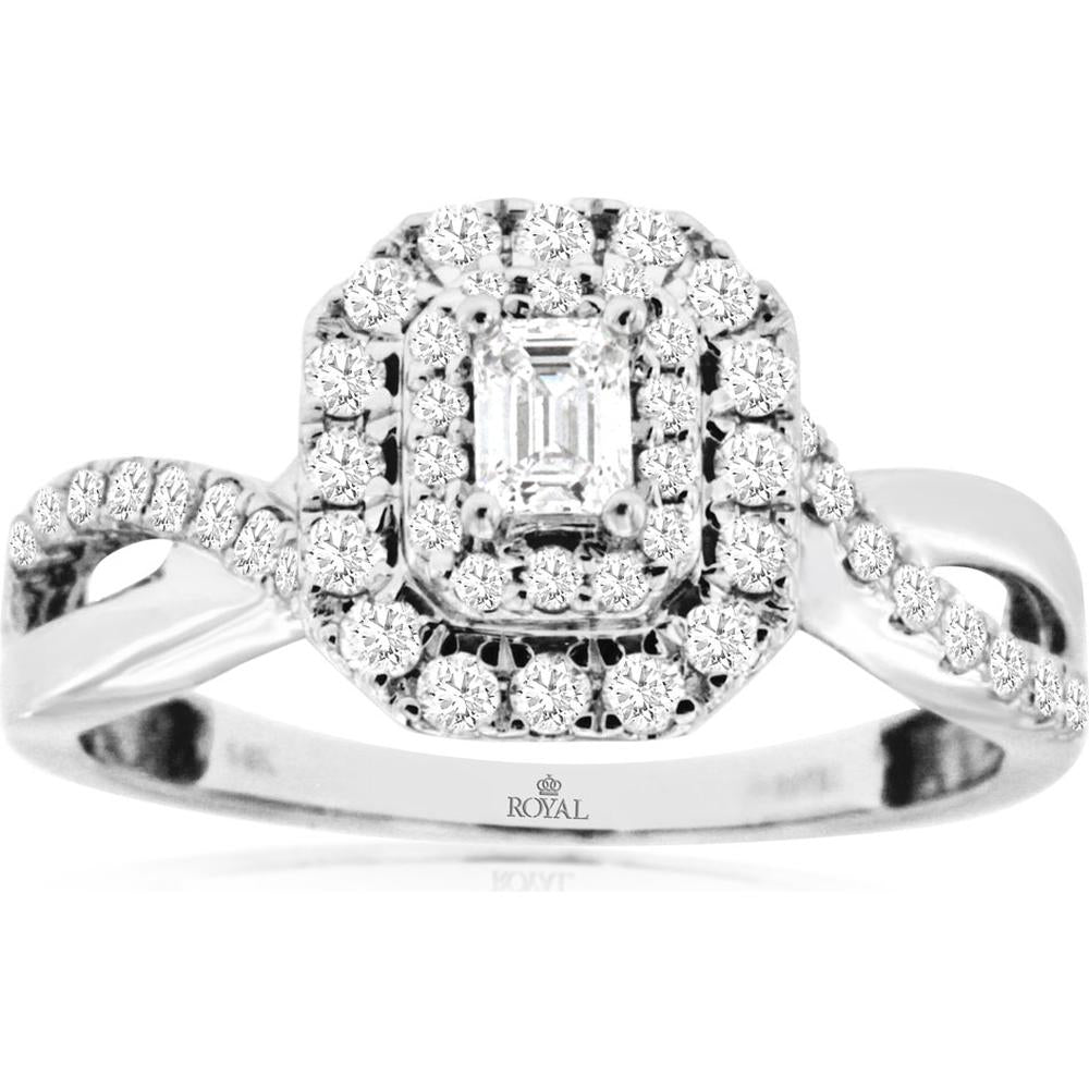 Royal 14K White Gold Halo Diamond Ring with Emerald Cut Center and Round Brilliant Diamonds - 0.65 Carats Total Diamond Weight