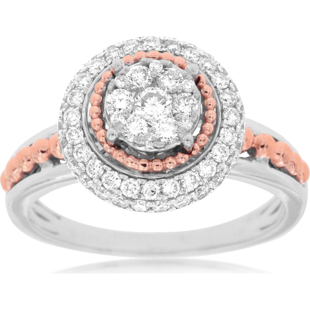 Royal 14K White Gold Halo Diamond Ring with Rose Gold Accents - 0.68 Carats Total Diamond Weight