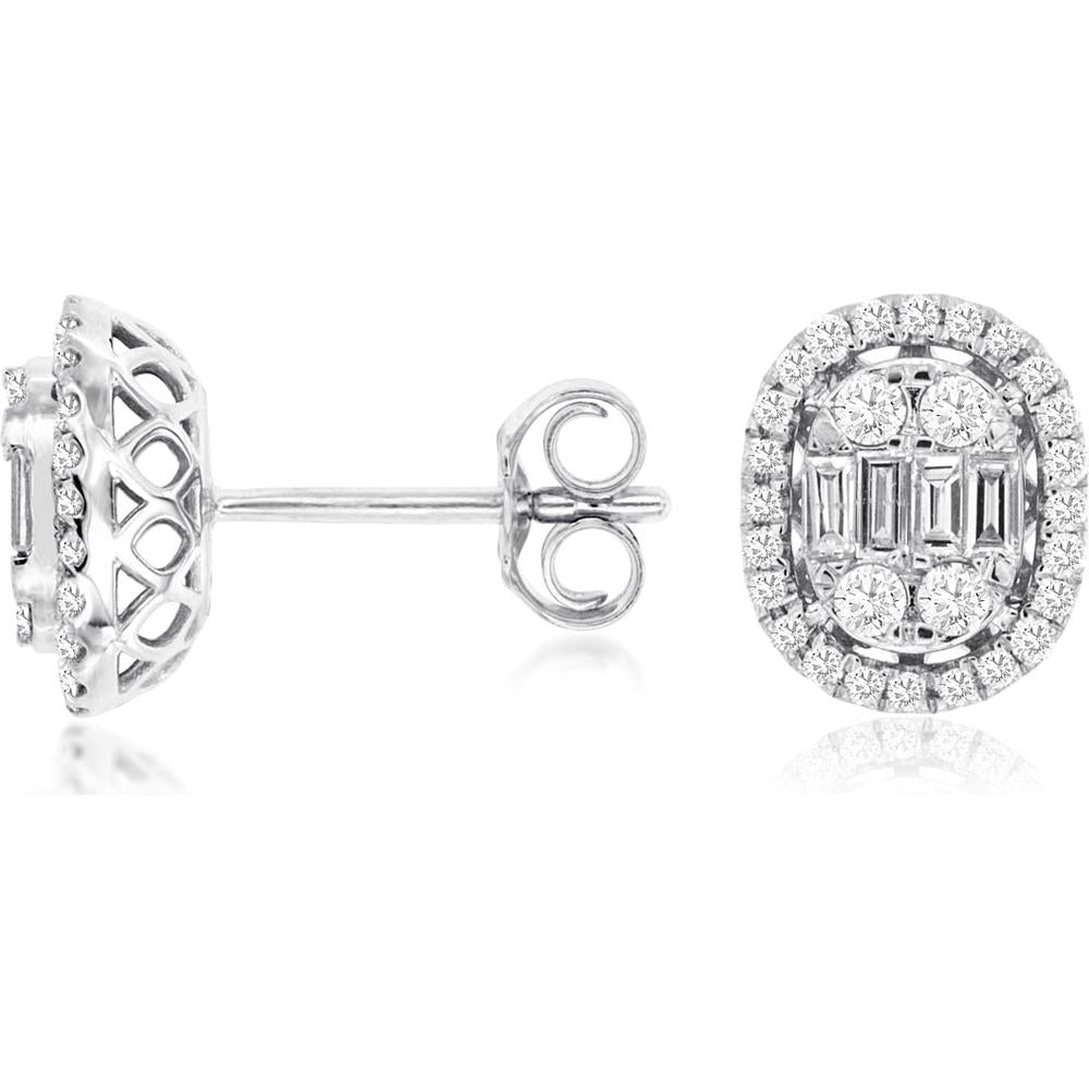 Royal 14K White Gold Halo Diamond Stud Earrings with Round and Baguette Diamonds - 0.53 Carats Total Diamond Weight