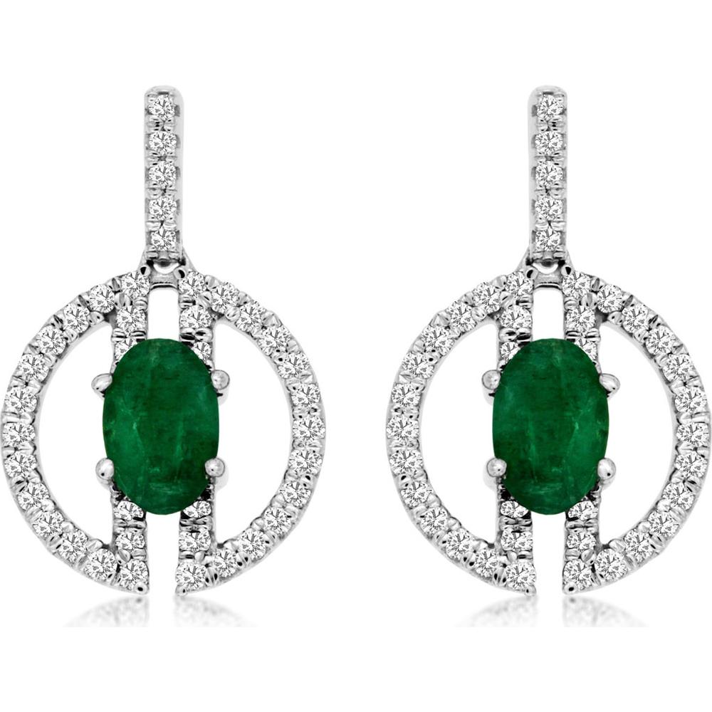 Royal 14K White Gold Halo Earrings with Oval-Cut Emeralds and Round Diamonds - 0.88 Carats Total Emerald Weight, 0.35 Carats Total Diamond Weight