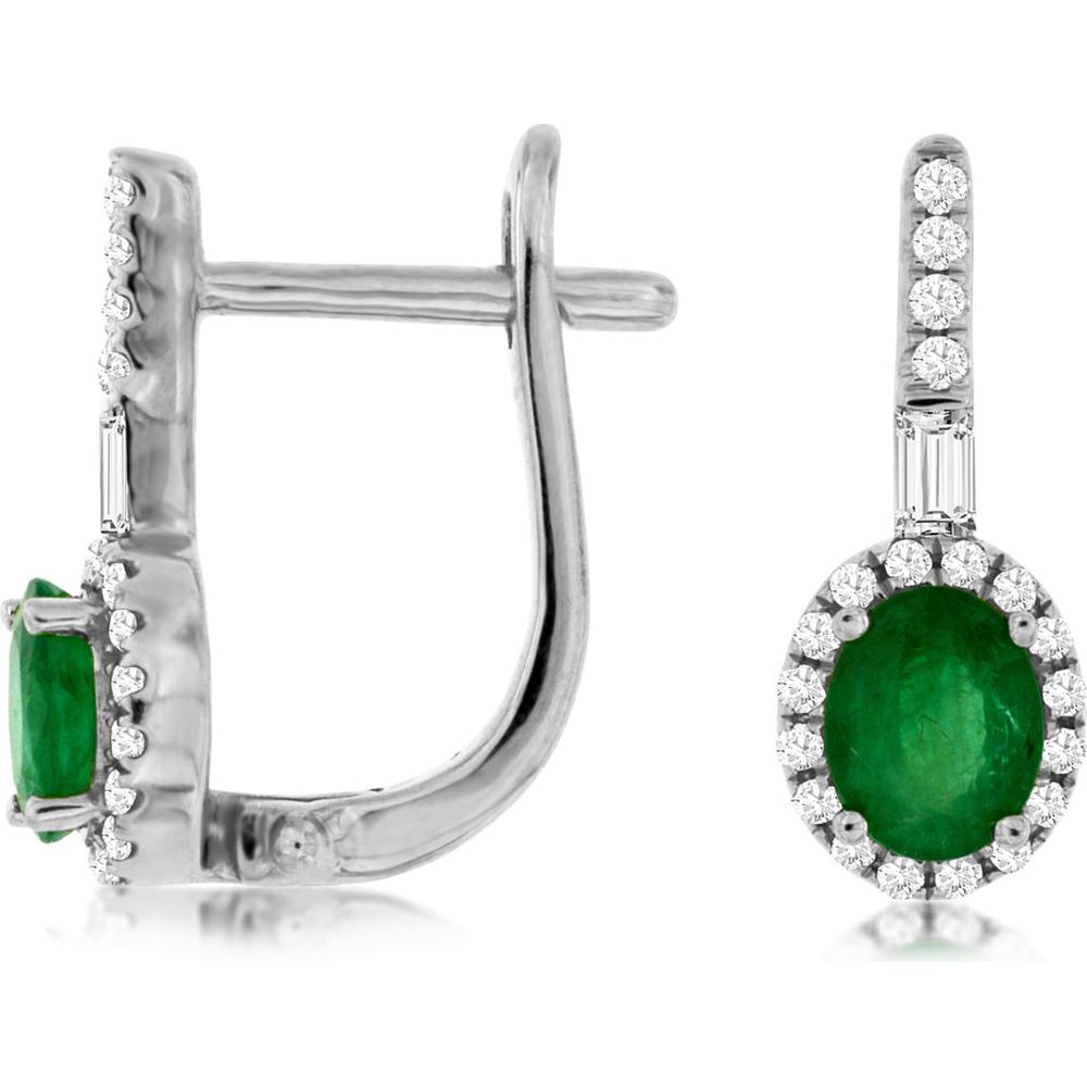 Royal 14K White Gold Halo Earrings with Oval Emeralds - 0.70 Carat Total Emerald Weight and Round Diamonds - 0.20 Carat Total Diamond Weight