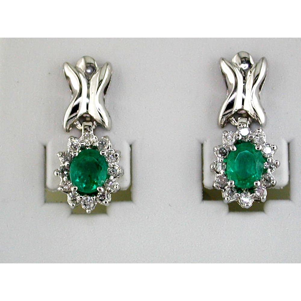 Royal 14K White Gold Halo Earrings with Oval Emeralds and Round Diamonds - 0.70 Carat Emeralds and 0.32 Carat Diamonds