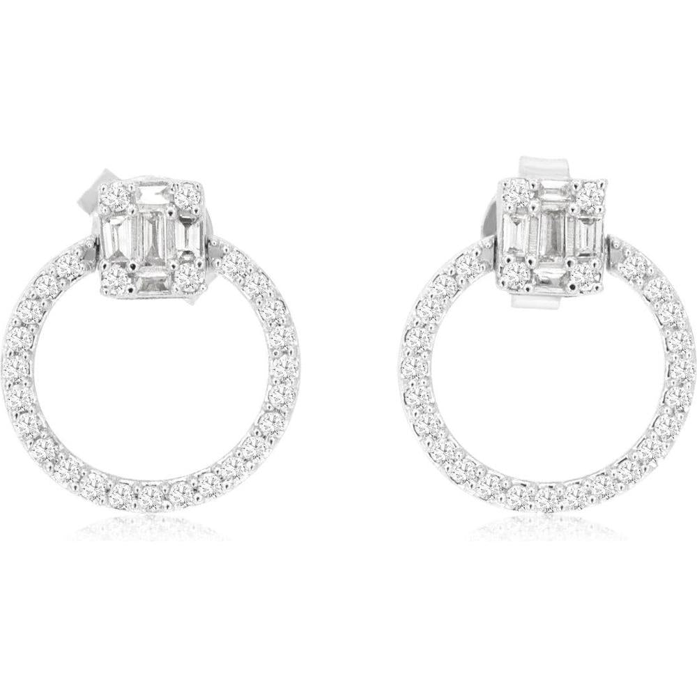 Royal 14K White Gold Halo Emerald-Cut and Round Diamond Earrings - 0.25 Carats Total Diamond Weight
