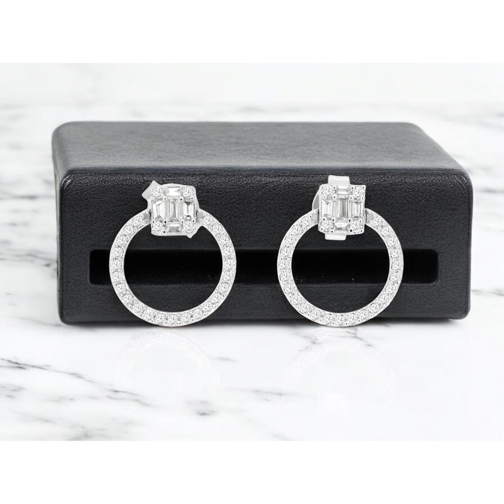 Royal 14K White Gold Halo Emerald-Cut and Round Diamond Earrings - 0.25 Carats Total Diamond Weight
