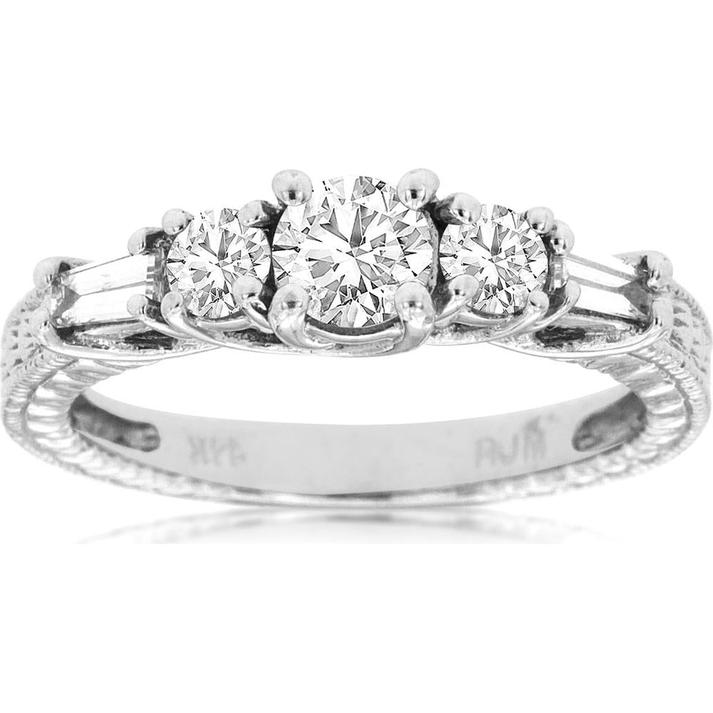 Royal 14K White Gold Halo Engagement Ring with 1.00 Carat Round Diamond and Baguette Accents