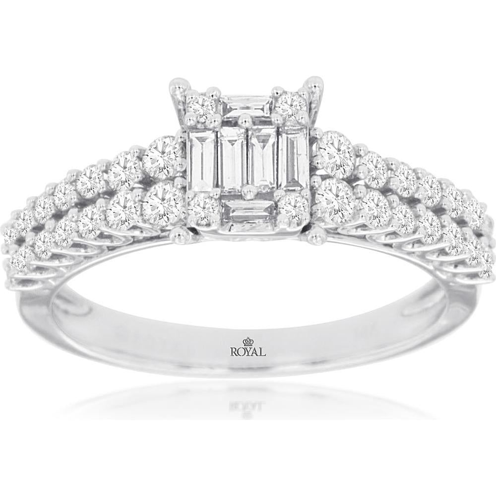 Royal 14K White Gold Halo Engagement Ring with Emerald-Cut Diamond - 0.70 Carats Total Diamond Weight