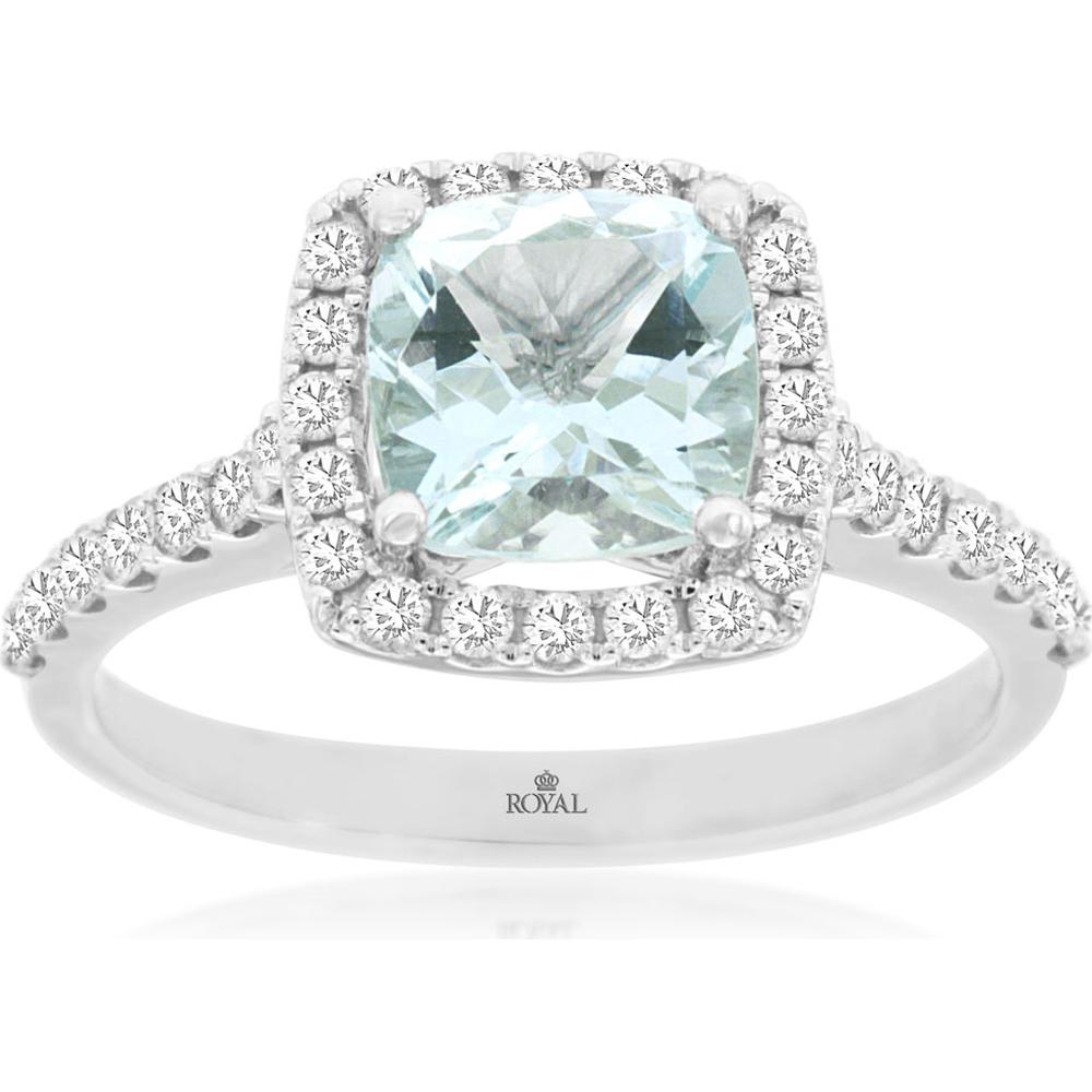 Royal 14K White Gold Halo Ring with Cushion Cut Aquamarine - 1.35 Carat and Round Diamonds - 0.48 Carat Total Diamond Weight